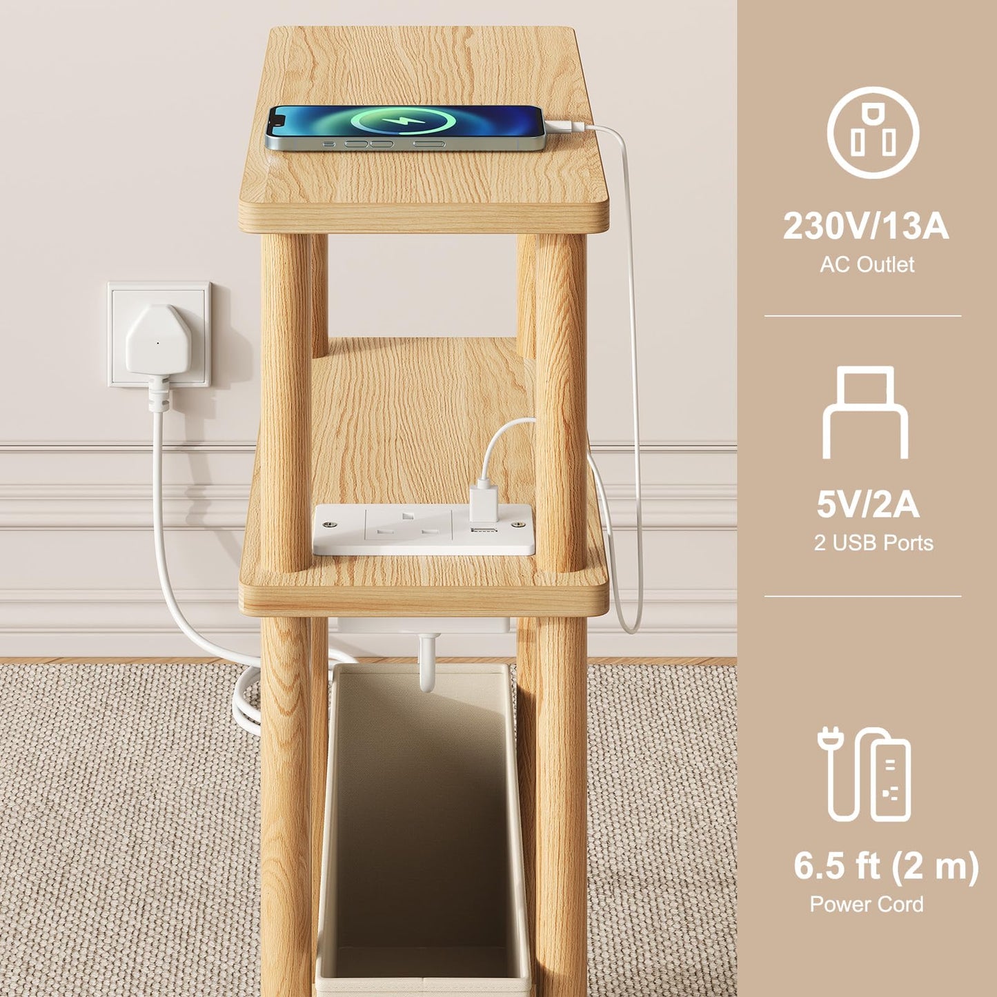 APICIZON Narrow Side Table, 3 Tier Bed Side Table, Slim End Table with Charging Station, for Living Room, Bedroom