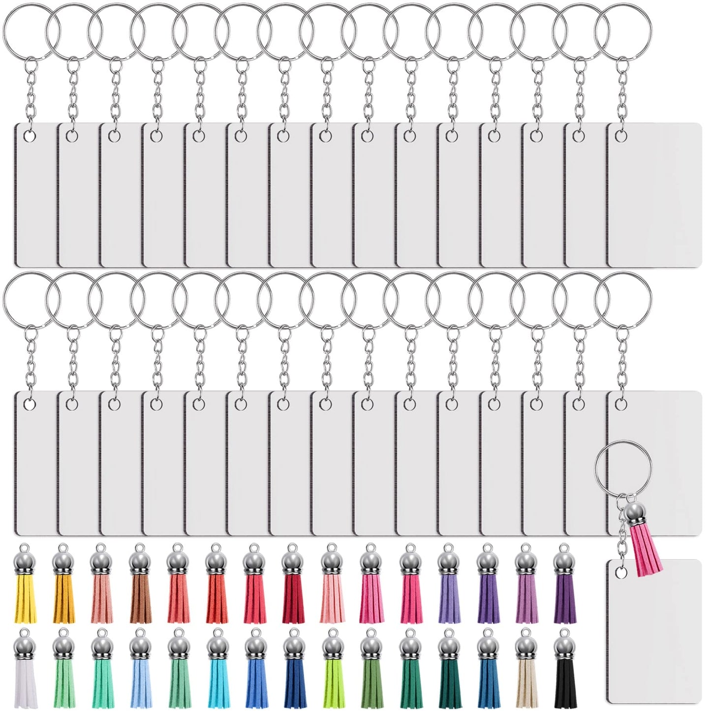 Duufin 120 Pcs Sublimation Keyring Blanks Tassels Set with Rectangle Heat Transfer MDF Blanks Tassels Keyring with Chain Jump Ring for Craft DIY
