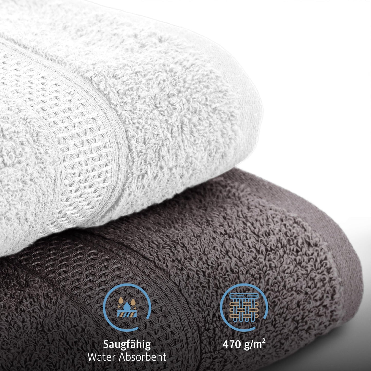 Komfortec Set of 8 Hand Towels 50 x 100 cm 100% Cotton Terry Towelling Soft Anthracite Grey/White