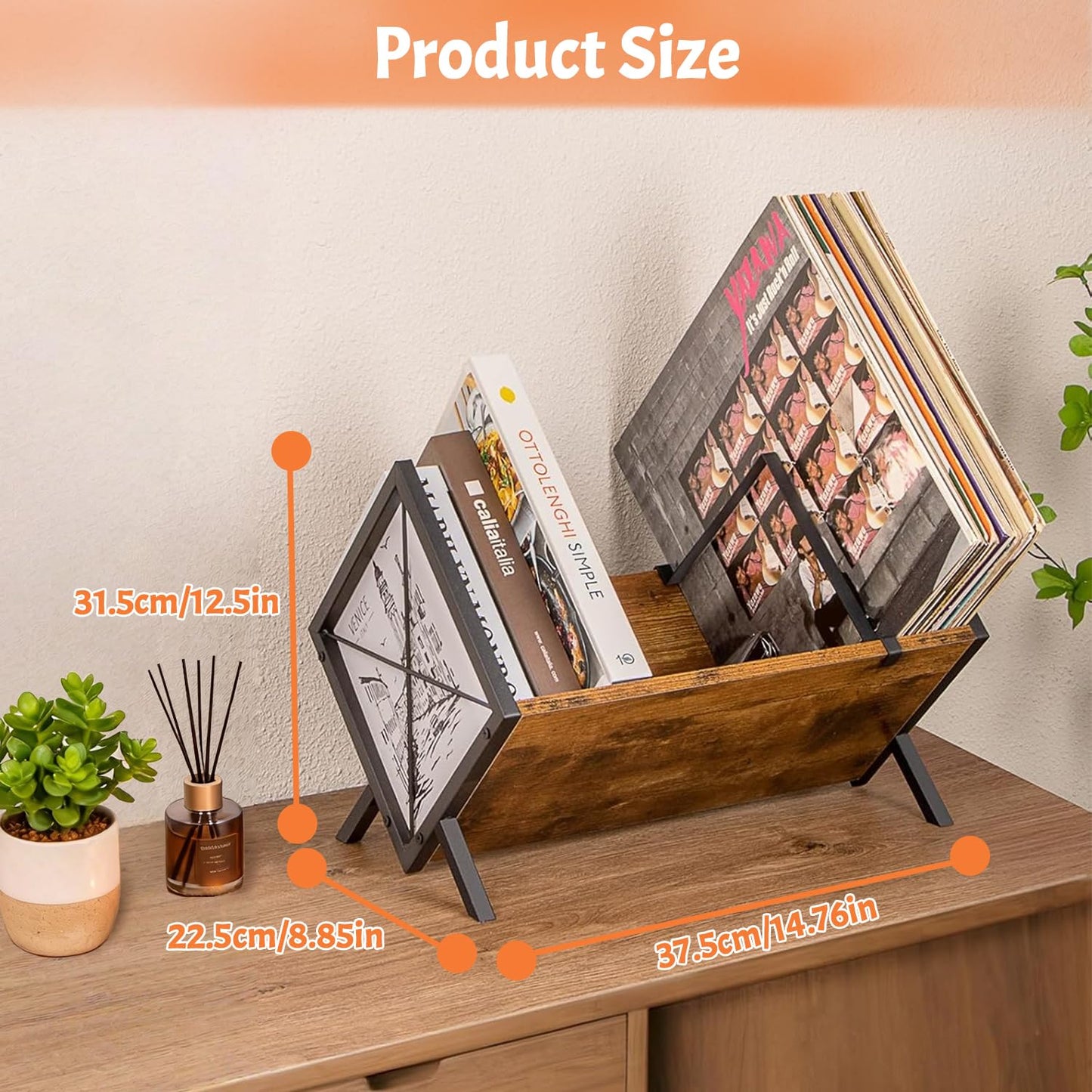 24LP Vinyl Record Storage Rack, Wood & Iron Rack with Adjustable Divider