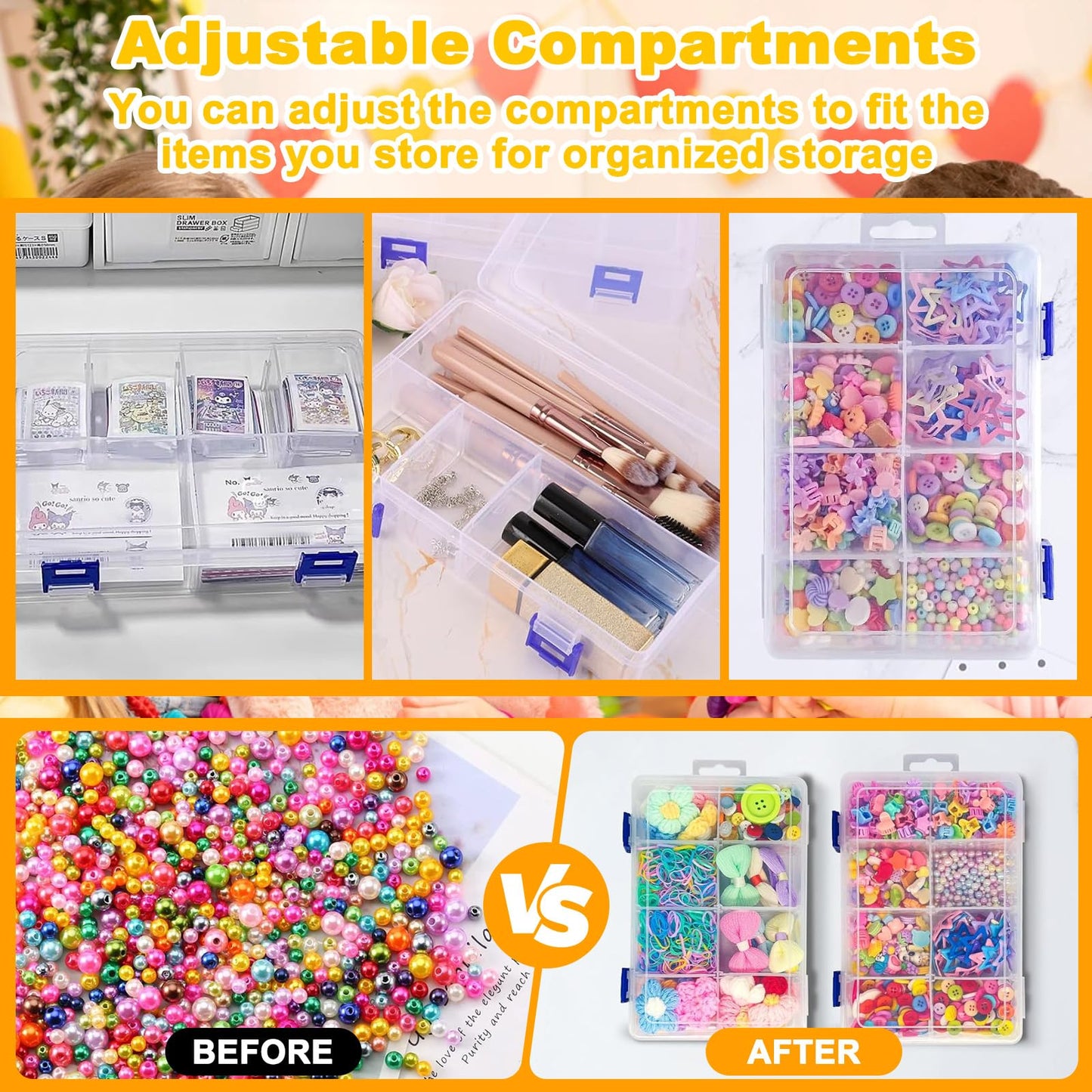 3 Pcs Plastic Storage Boxes with Lid, Organiser with 8 Grids Adjustable Dividers, Jewellery Organizer Box