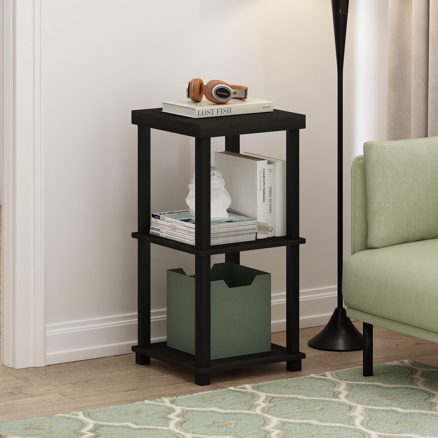 Furinno TURN-N-TUBE Side Table, 3-Tier Thick Tabletop End Table with Open Shelf, Toolless Assembly Night Stand, Bedside Table, for Living Room