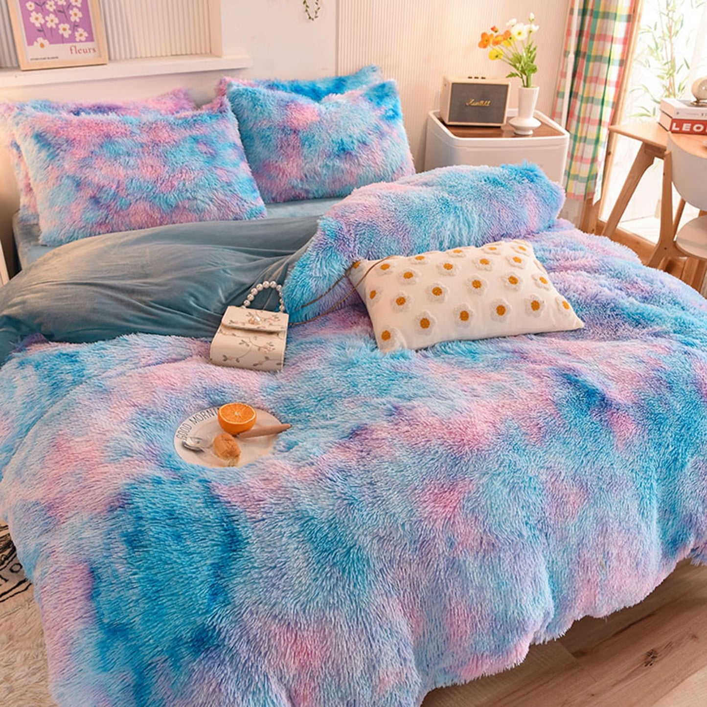 ZIQINPSQ Plush Shaggy Duvet Cover Set,Tie Dye Faux Fur Bedding Set for Teens Girls Soft Velvet Fluffy Fuzzy Comforter Cover Bed Set (Blue, Double)