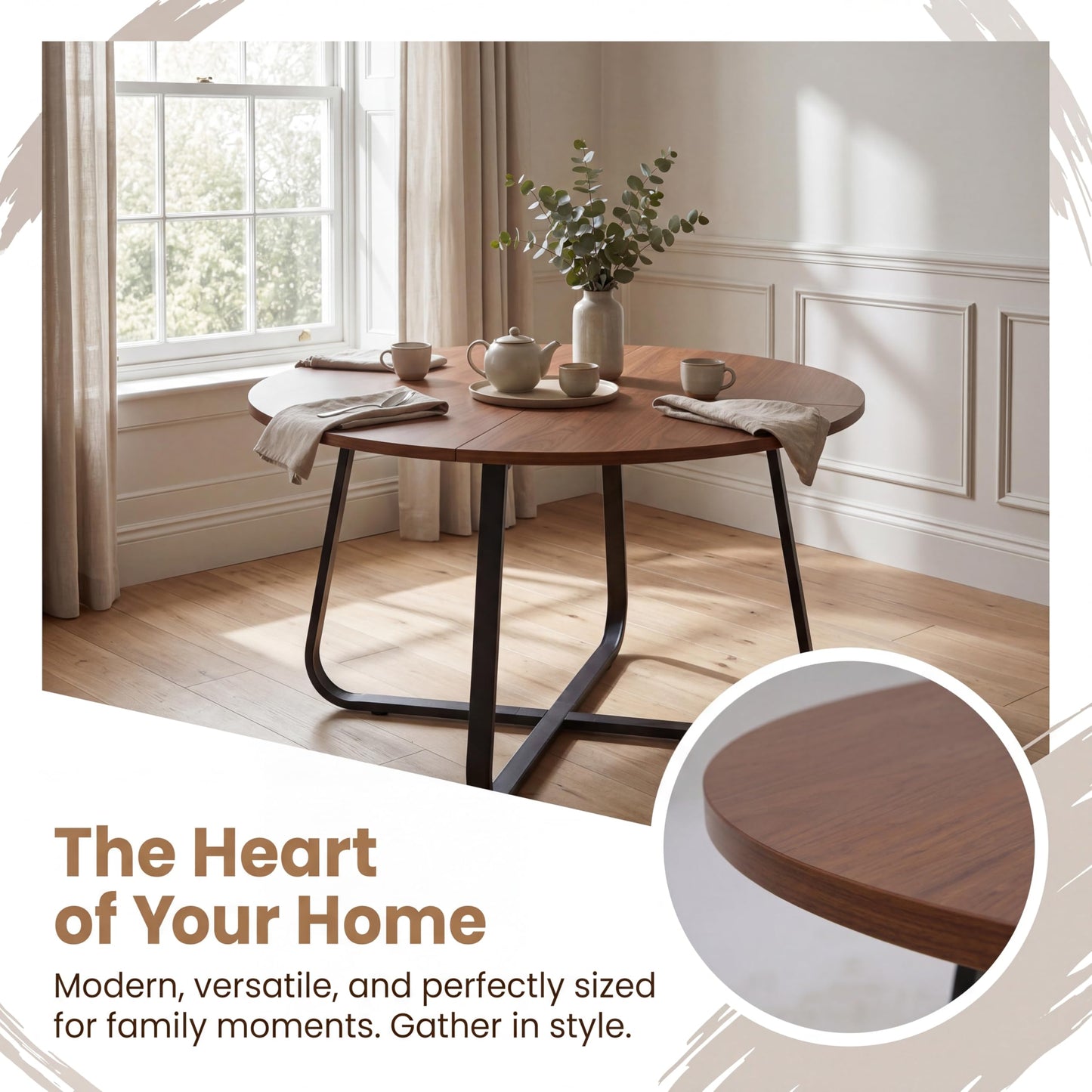 Turosur 47'' Round Dining Table with Walnut Wood Tabletop & Metal Legs