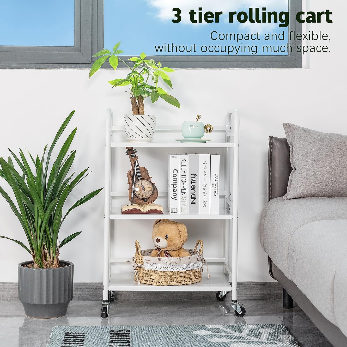 HDANI 3-Tier Rolling Cart,Kitchen Storage Trolley Car,Metal Utility Shelves with 2 Lockable Wheels for Home,Office,Bathroom,Bedroom
