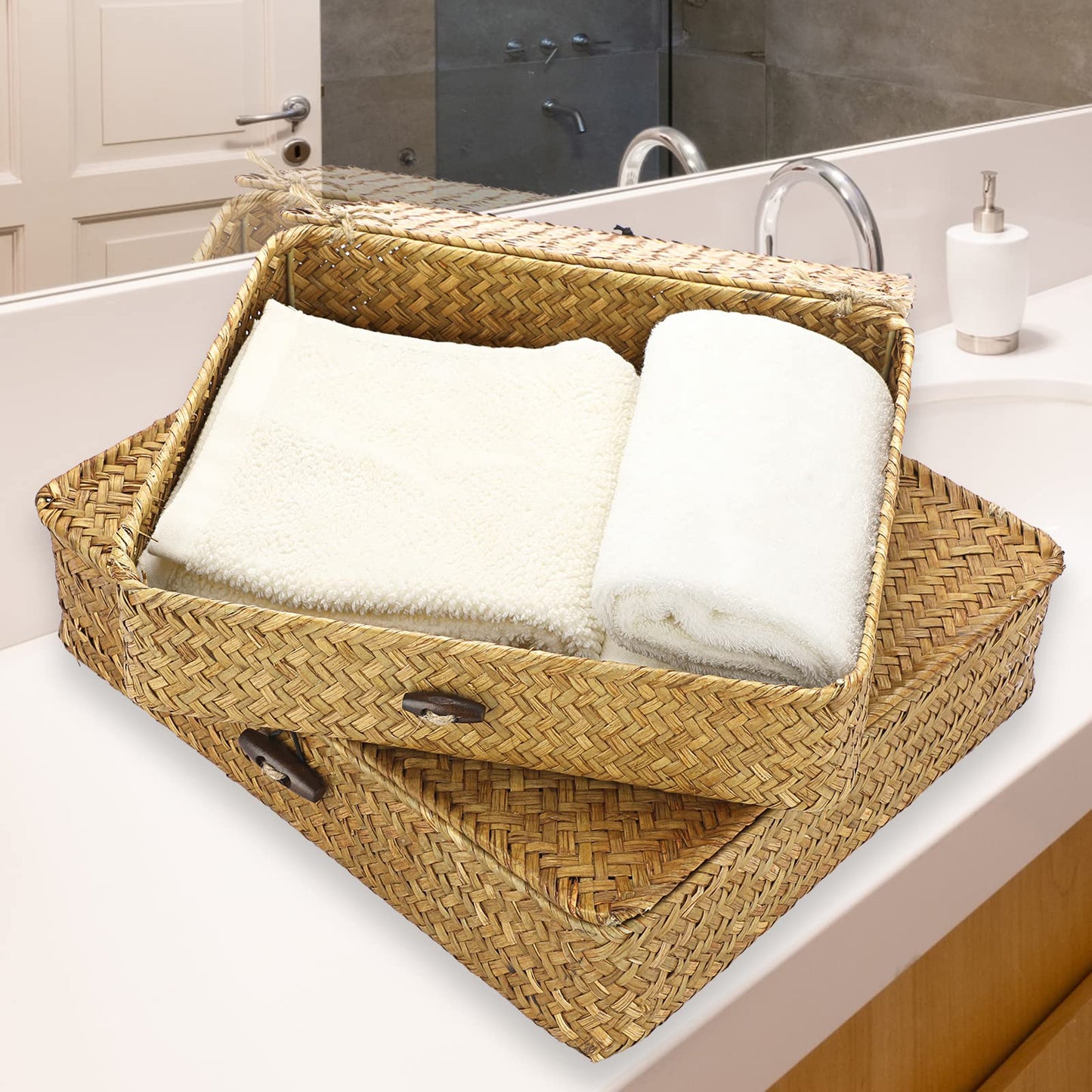 IGNPION Set of 2 Seagrass Storage Basket with Lid Flat Organiser Baskets for Shelf