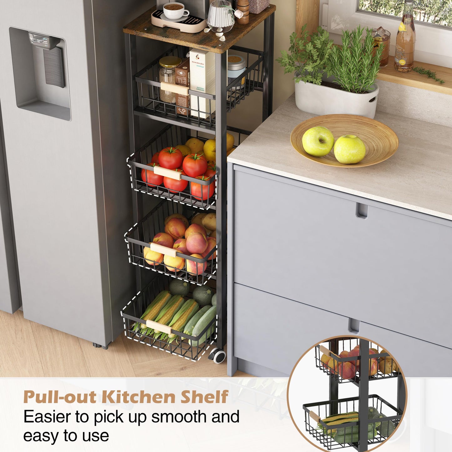 5 tier kitchen storage trolley,fruit basket stand,vegetable storage rack on wheelsy,5-tier kitchen basket trolley,tall trolley on wheels,chefs