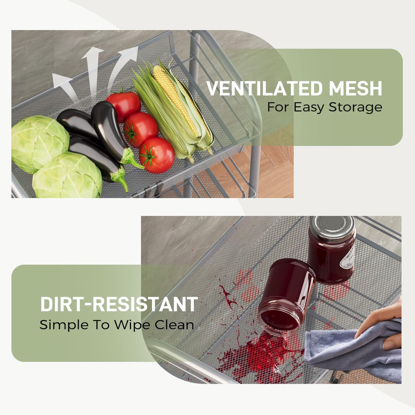 WELDUN 3-Tier Storage Trolley, Meatl Rolling Cart, Mesh Storage Cart Gray