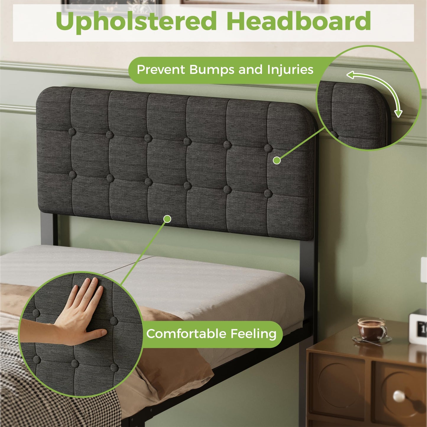 Lutown-Teen Single Bed Frame with Black Upholstered Headboard