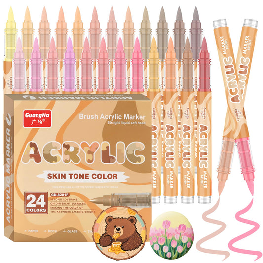Funnasting Skin Tones Acrylic Paint Pens - 24 Colors Waterproof Markers With Soft Brush Tip for Rock Painting, Coloring Book, Glass, Cups, Wood,
