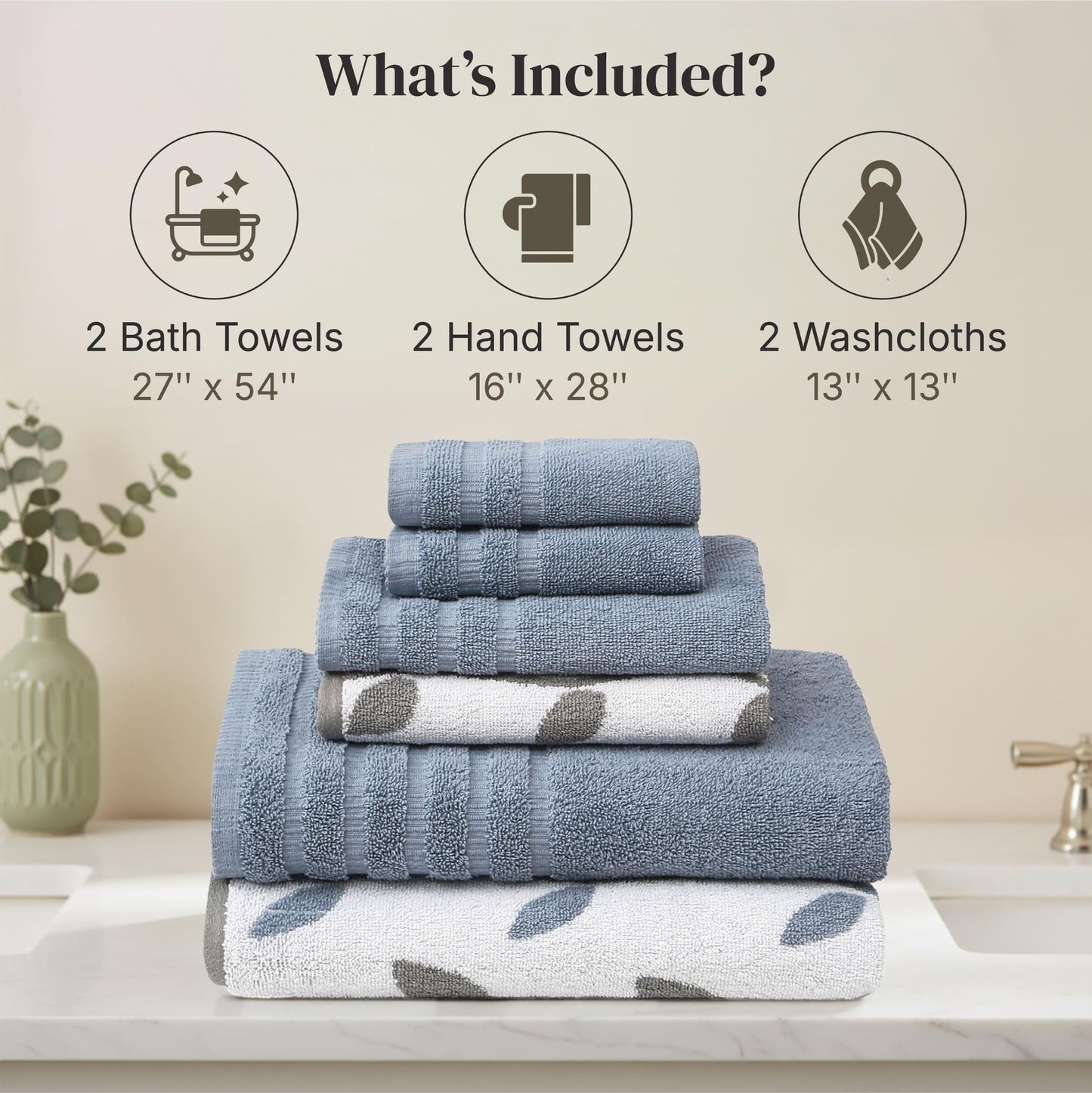 Pacific Coast Textiles 6 pc Yarn Dyed towel Organic Vines Cotton Blue,Single,40.6 x 25.4 x 12.7 cm