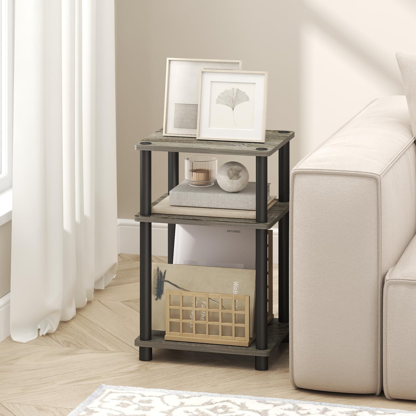 Furinno TURN-N-TUBE Side Table, 3-Tier End Table, Night Stand, Bedside Table, for Living Room, Bedroom, Grey Oak