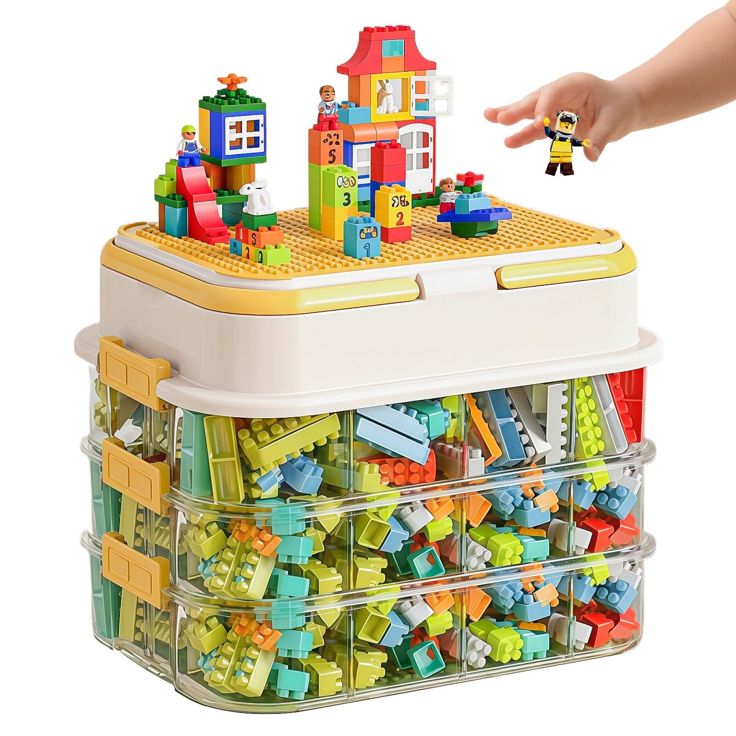 Focenat Stackable Brick Storage Box with Puzzle Compartments, 3 Tier Clear Plastic Container with Lids