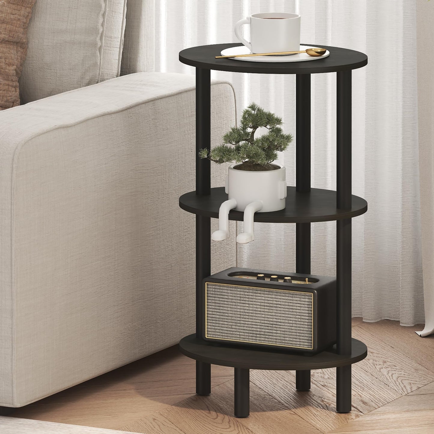 Furinno TURN-N-TUBE Side Table, 3-Tier Oval End Table, Night Stand, Bedside Table, for Living Room, Bedroom, Espresso/Black