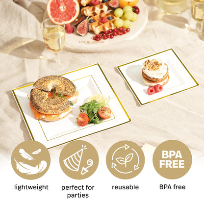 MATANA 120 Premium White Square Plastic Plates with Gold Rim - 60 24cm Dinner Plates, 60 16.5cm Dessert Plates - Elegant & Reusable Party Plates for