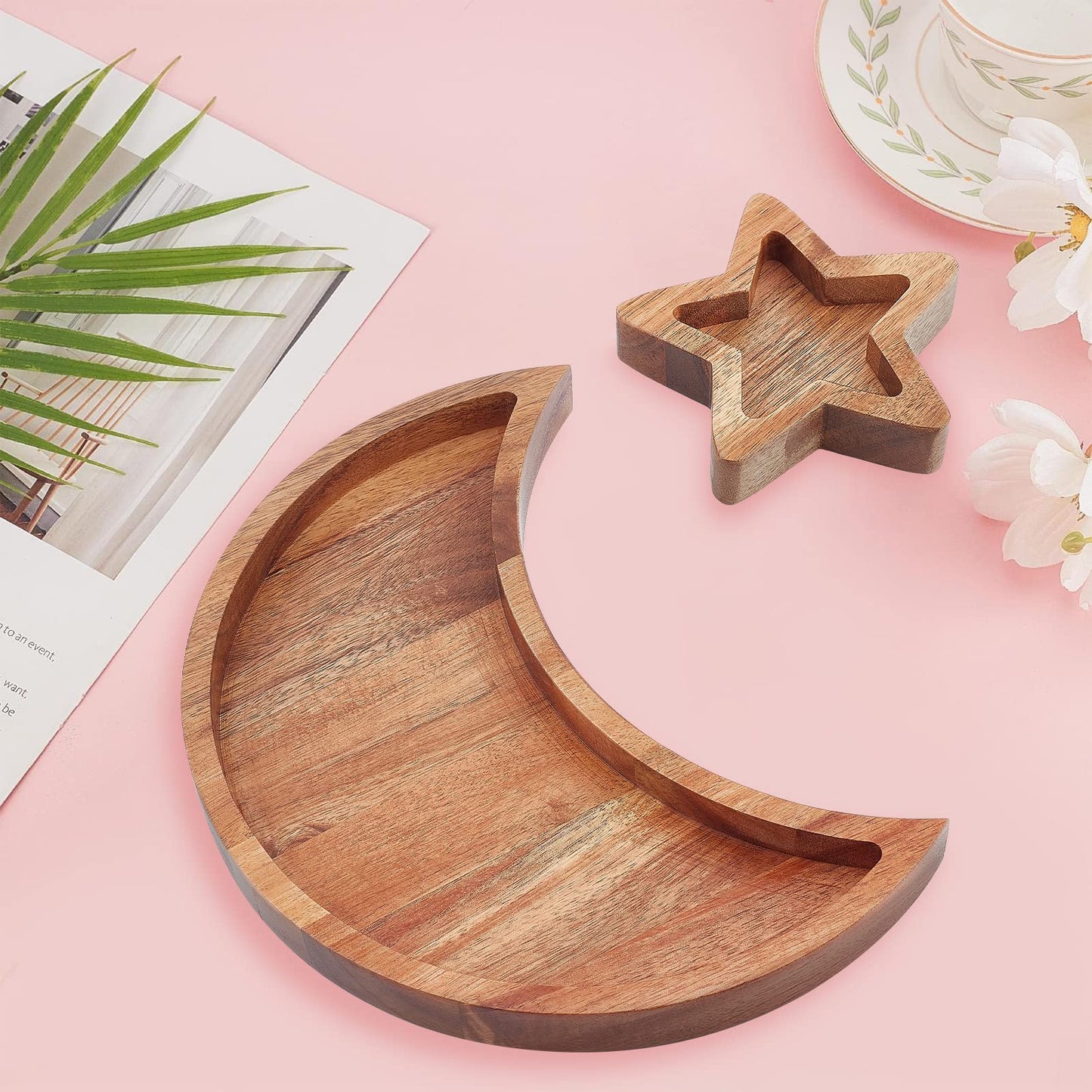 INFUNLY Star+Moon Wooden Crystal Holder Wooden Crystal Organizer Tray Acacia Wood Trinket Dish for Rocks Jewelry Healing Crystals Storage