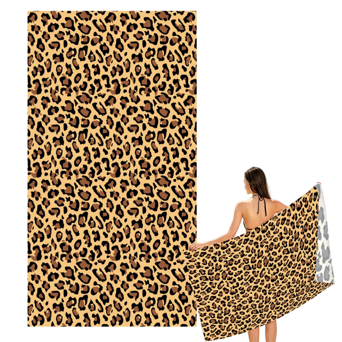 Large Quick Dry Microfibre Beach Bath Towel for Adult,Double Sides Brown Spots Leopard Sand Free Beach Towel with Bag,Lightweight Gym Yoga Sports