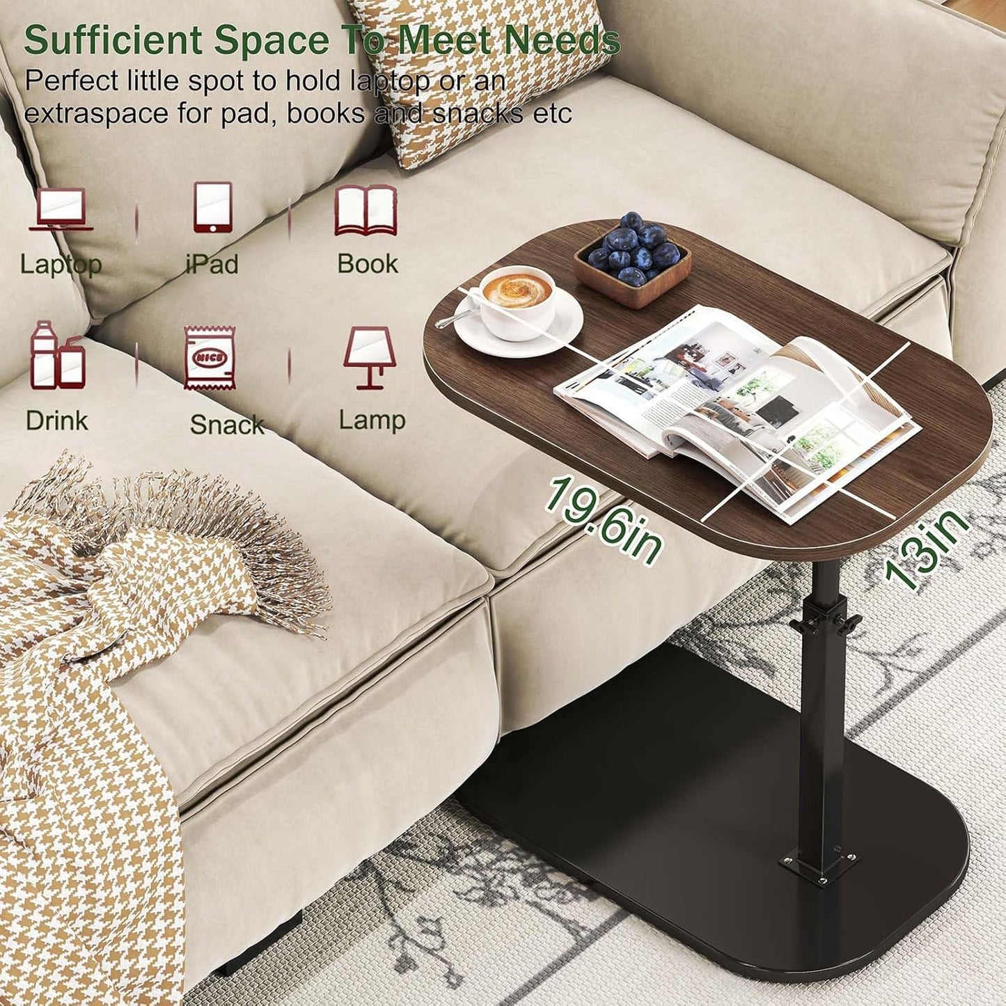 Kiss Me C Shaped Side Table, 360° Swivel End Table, Laptop Desk Black