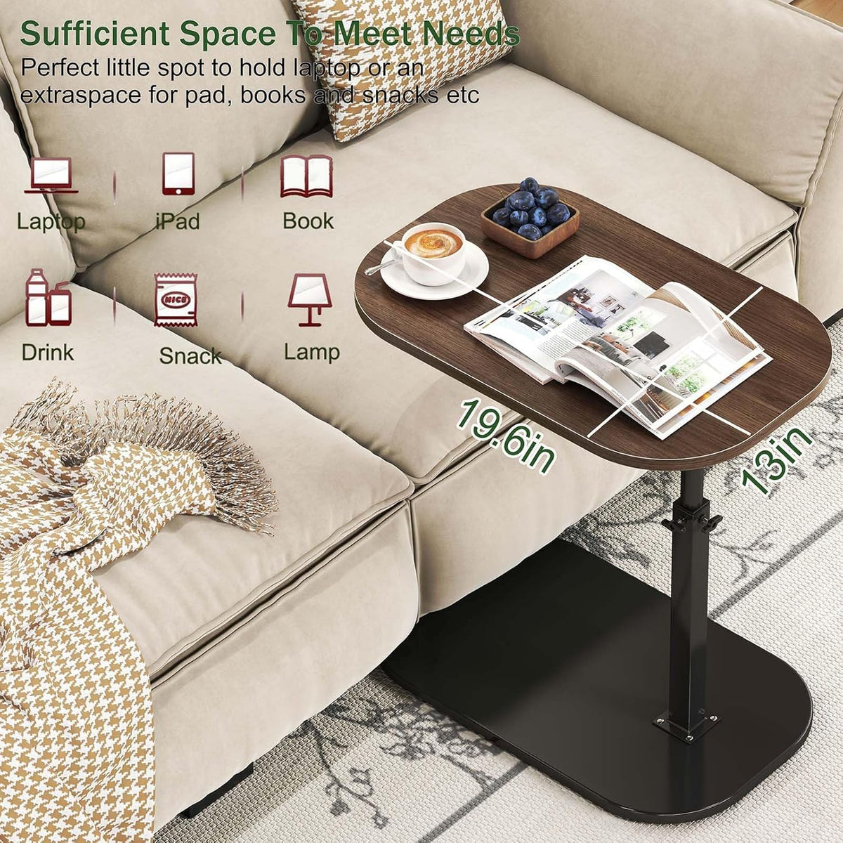 XUDREZ Large Adjustable C Shaped Side Table, Black