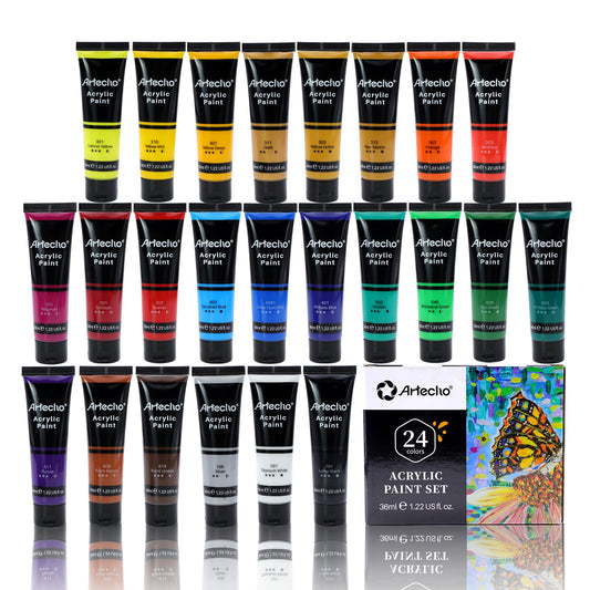 Artecho Acrylic Paint Set for Art, 24 Colors 36ml Basic Acrylic Paint Supplies for Wood, Fabric, Crafts, Canvas, Leather&Stone