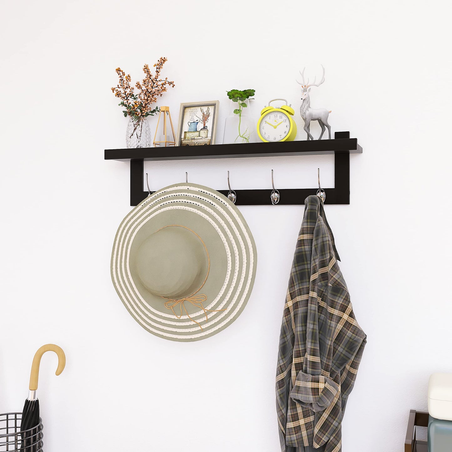 SMIBUY Coat Hooks with Shelf Wall-Mounted, 74 cm Entryway Coat Rack for Wall, Bamboo Hanging Shelf with 5 Double Metal Hooks for Bathroom, Bedroom