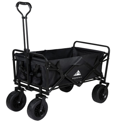 Heavy Duty Folding Wagon With Large Wheel, Trolley Cart Outdoor Transport Trailer Foldable Outdoor Garden Utility Wagon/Trolley with Cover Bag Black