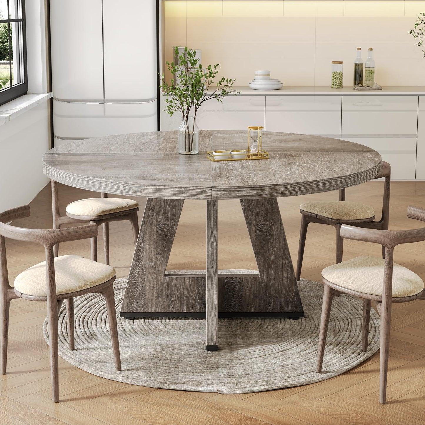 LITTLE TREE Round Dining Table for 4-6 People, 47 Inches Dining Room Table with Wooden Pedestal Base, Grey Dinner Tables