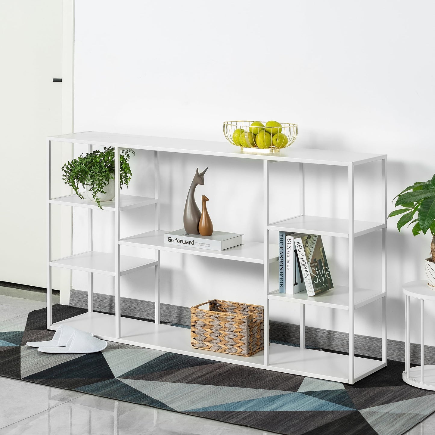 HDANI 140cm Long Sofa Console Table,Narrow Modern Entryway Table Behind Couch with Storage Shelves,4 tier Shelf Bookshelf for Living