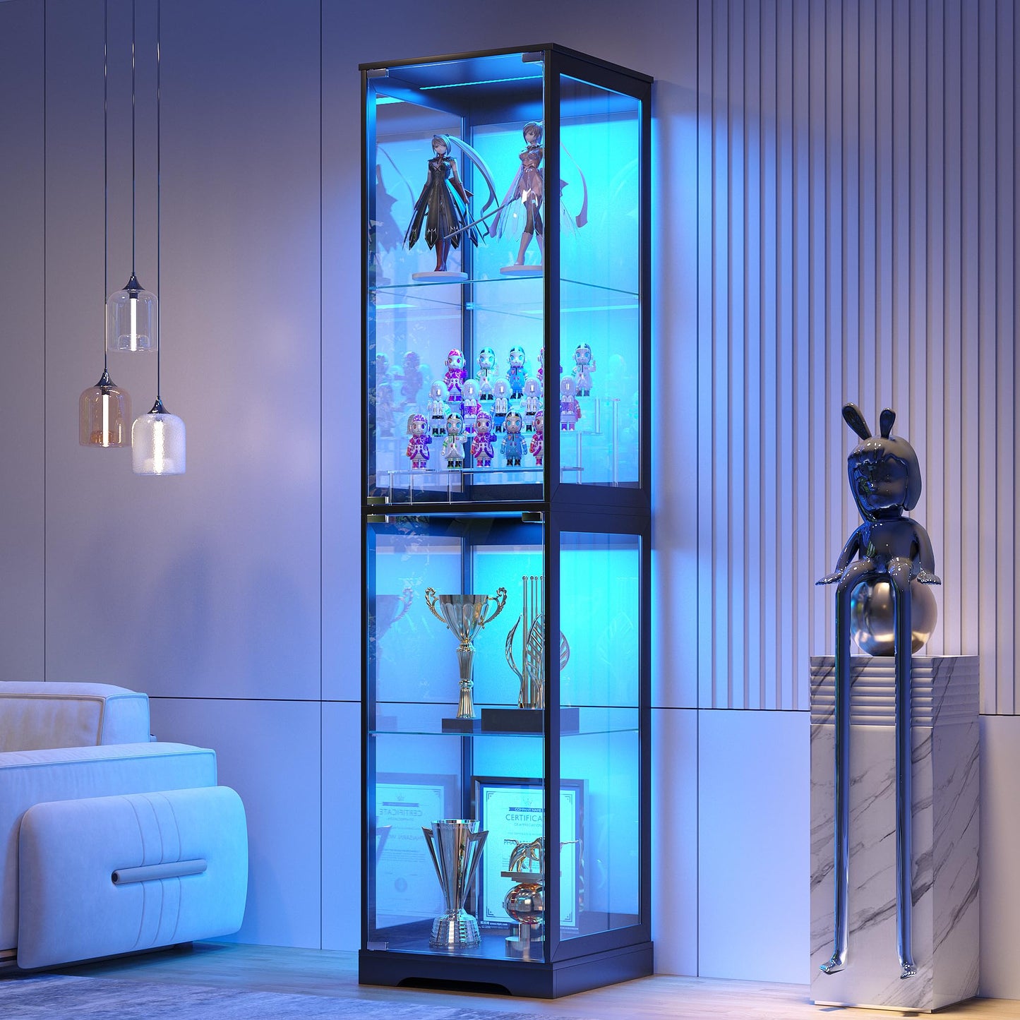 FREDEES Glass Display Cabinet with LED Lights, 165CM Tall, Black