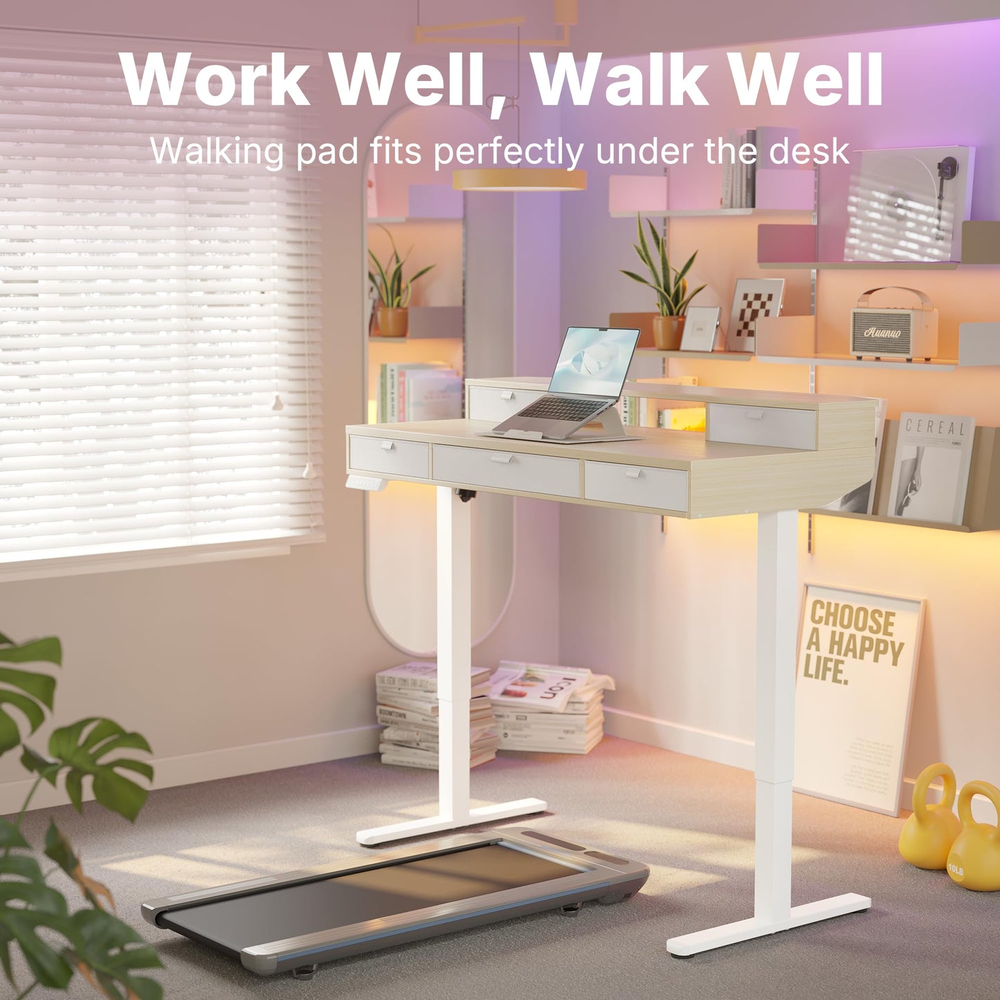 HUANUO Standing Desk with Drawers, 100x60cm, Natural