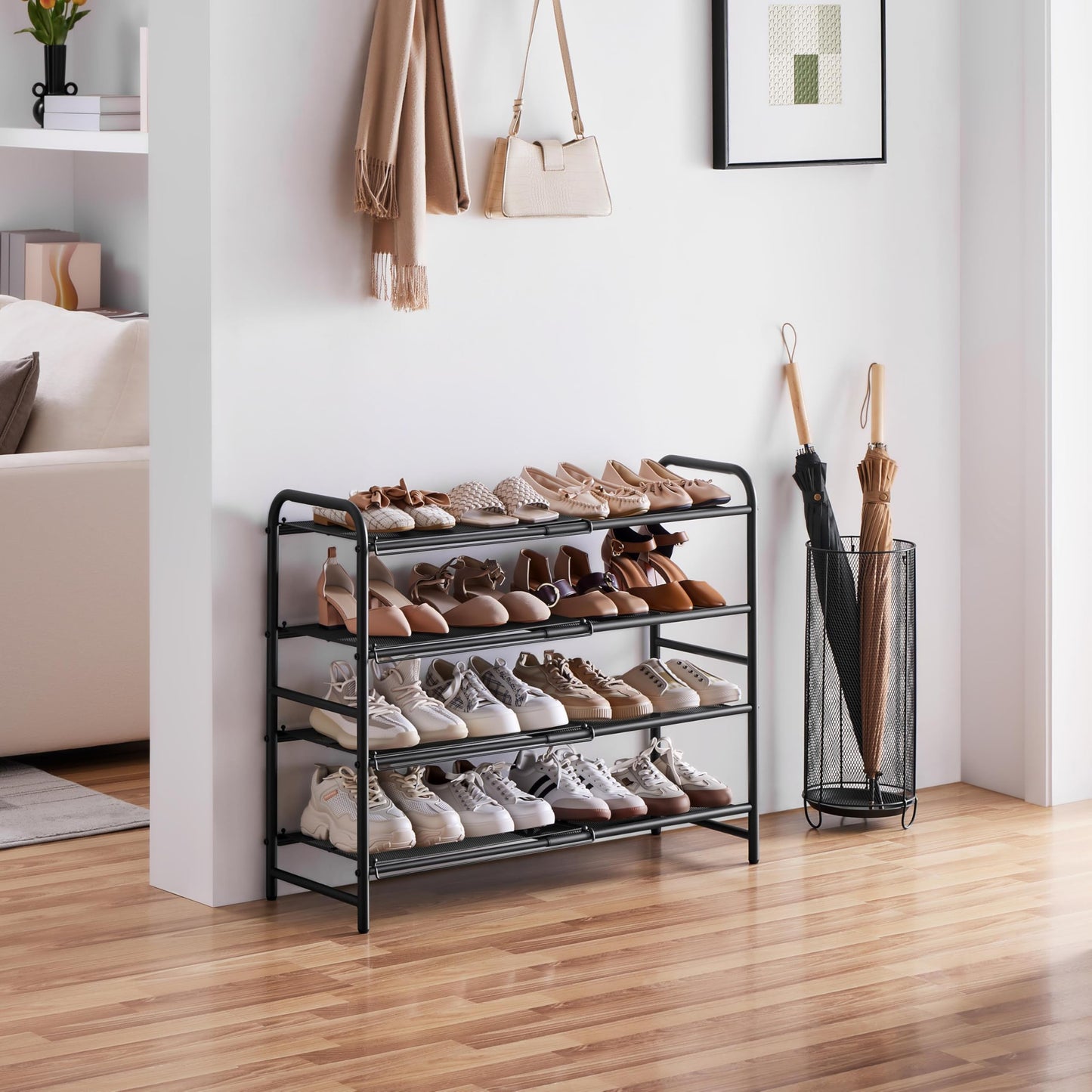 Yaheetech 4 Tier Extendable Shoe Rack with Mesh Shelf, Adjustable Shoe Organiser for Closet, Tool-Free Assembly, Stable Construction