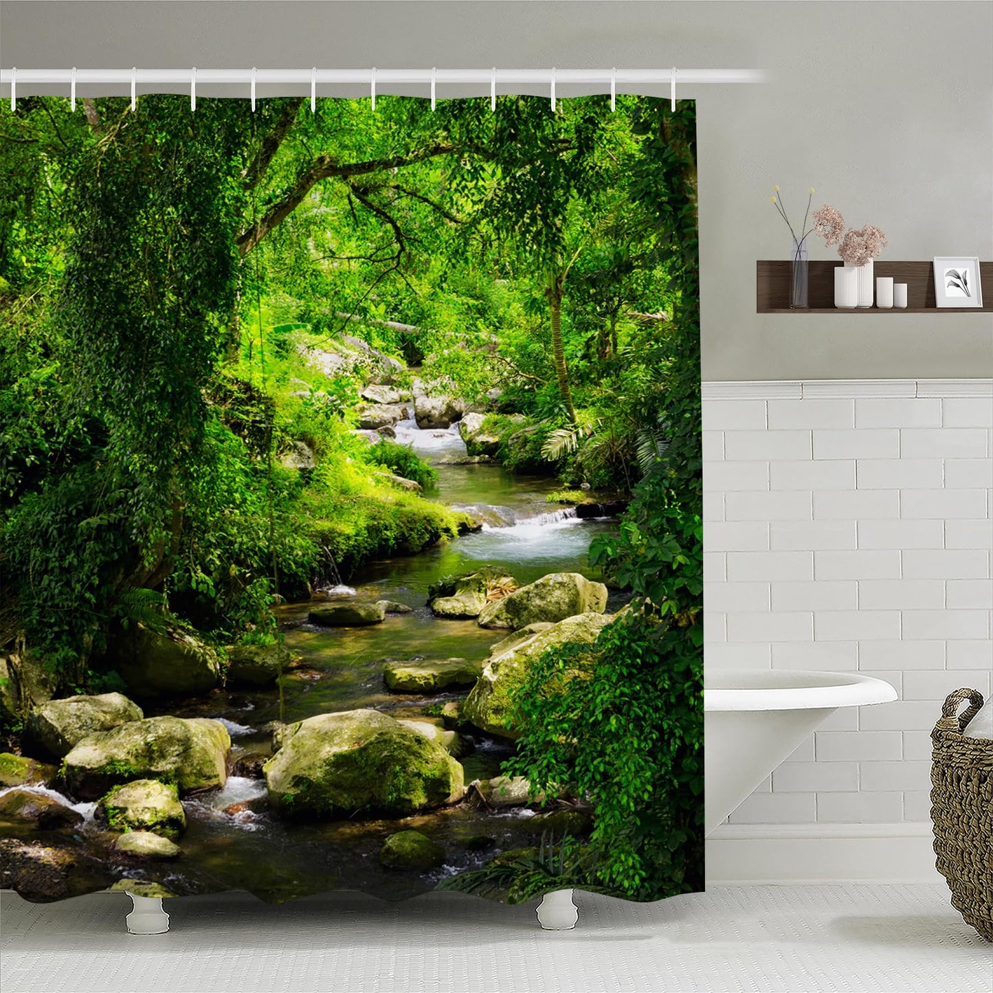 Simpomsy Plants Shower Curtain Green Nature Forest Jungle Tropical Rainforest Summer Landscape Scenery, 3D Digital Painting Pattern For Shower Stall