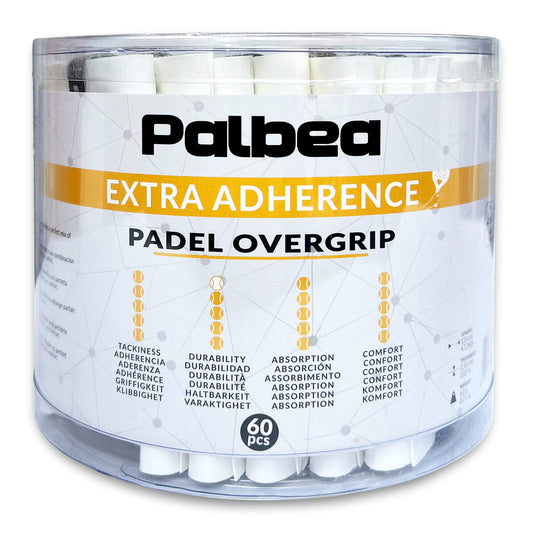 Palbea Padel OverGrip in White - Extra Tacky - Pack of 60 - Superior Sweat Absorption - Non-Slip Grip Tape for Padel & Tennis Rackets - Soft Feel -
