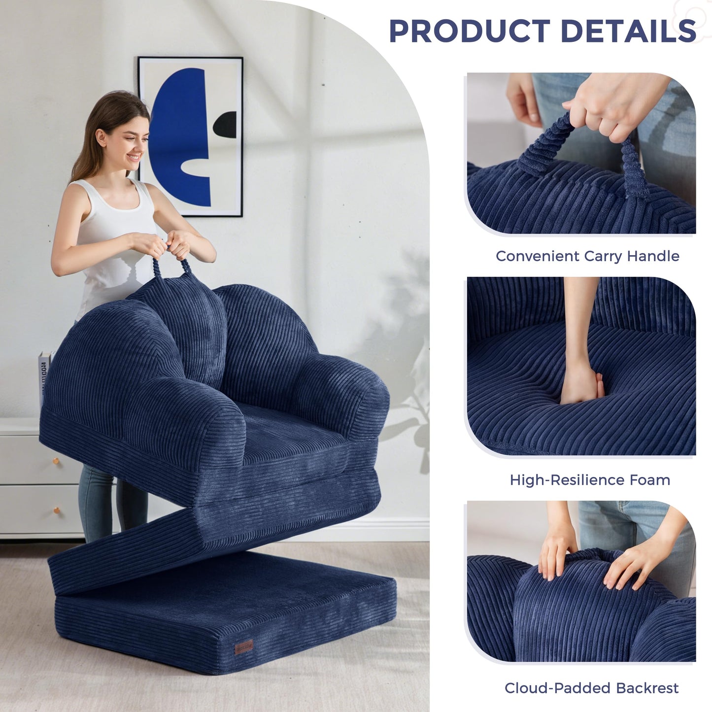MAXYOYO Folding Sofa Bed with Backrest, Floral Shaped 2 in 1 Convertible Sofa to Comfy Faux Fur Bean Bag Chair for Adults