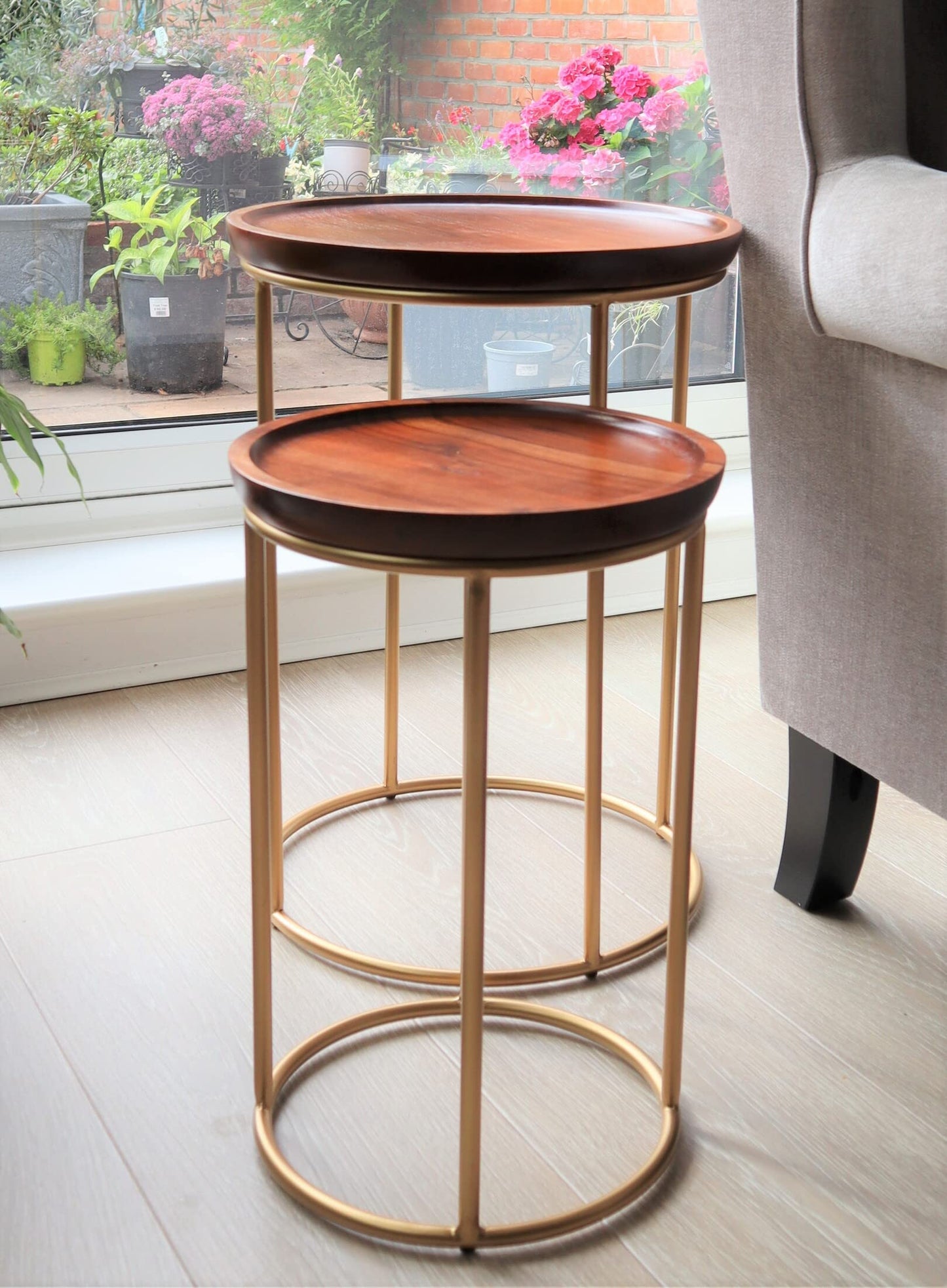 ASPECT Delphyne Wooden Round Nest Of 2 Tables With Metal Legs (Brown/Gold)
