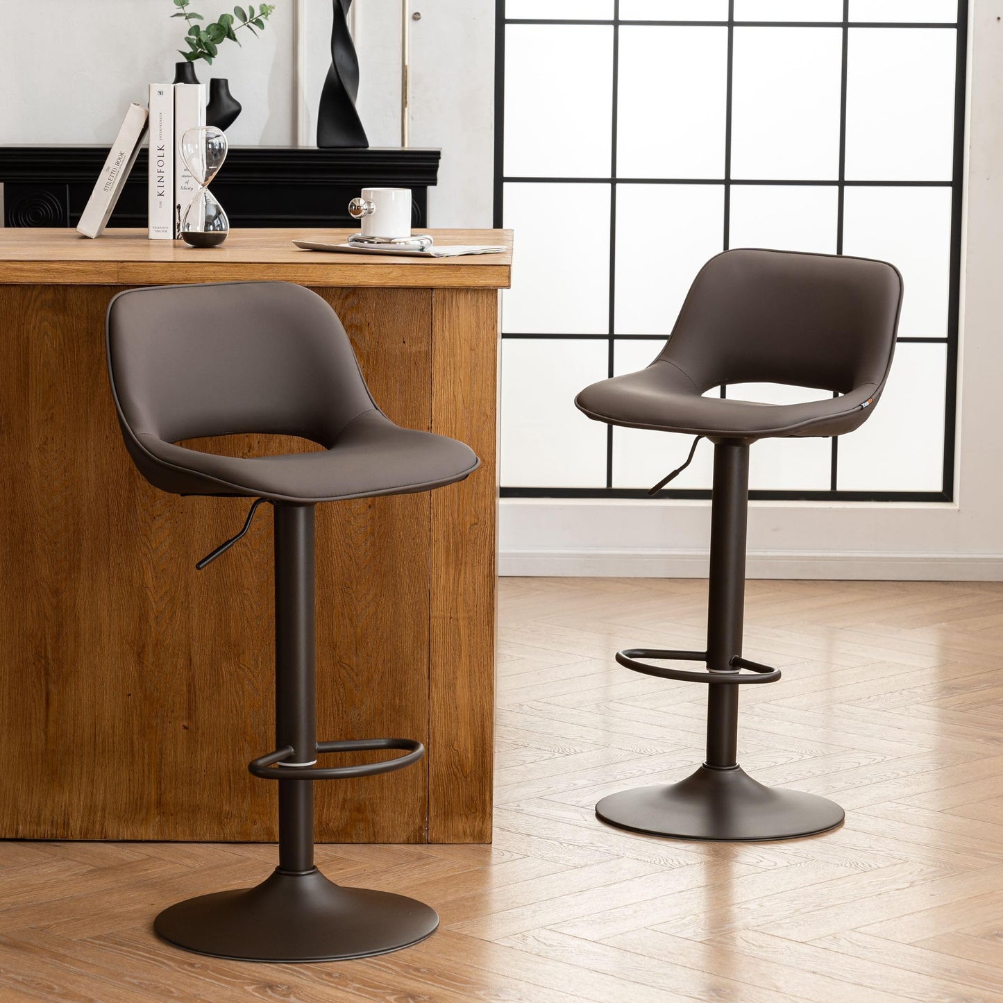 YOUNIKE Modern Swivel Bar Stools Set of 2 - Adjustable Counter Height with Faux Leather Upholstered, Hollow Back for Kitchen Island, Brown