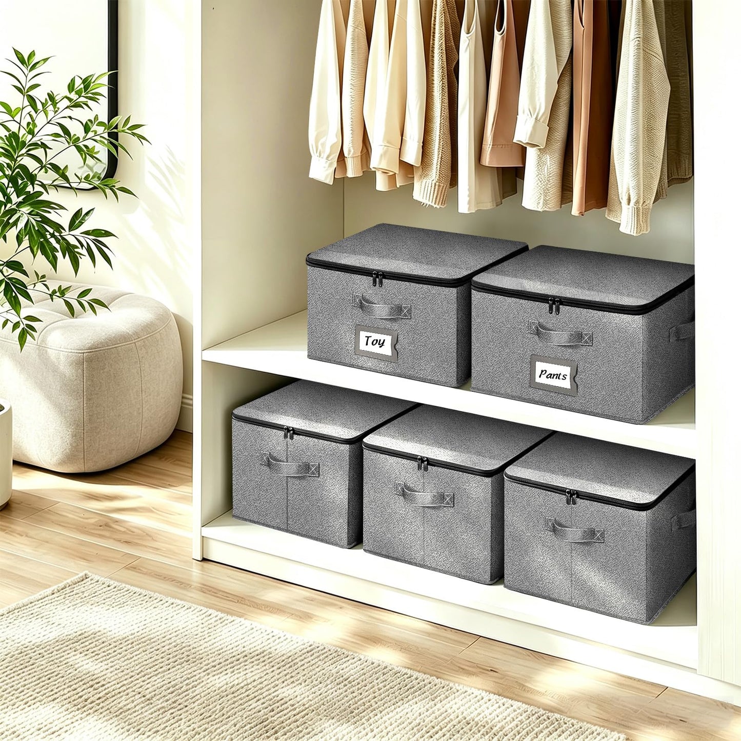 BrilliantJo Storage Boxes with Lids set of 3, Clothes Organiser with Label Holder & Double Zips 40x30x25cm Grey