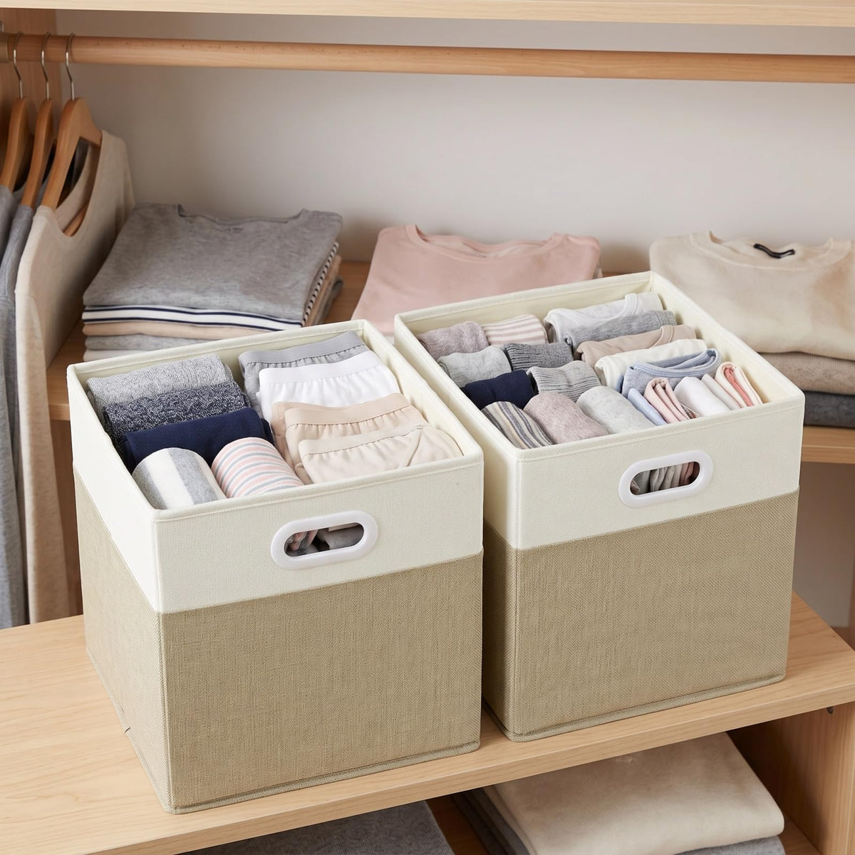 SOCOHOME Fabric Storage Boxes,25x25x25cm Storage Cube, Foldable Storage Baskets for Toys Nursery ClosetLight Khaki/Cream White, 3 Pack