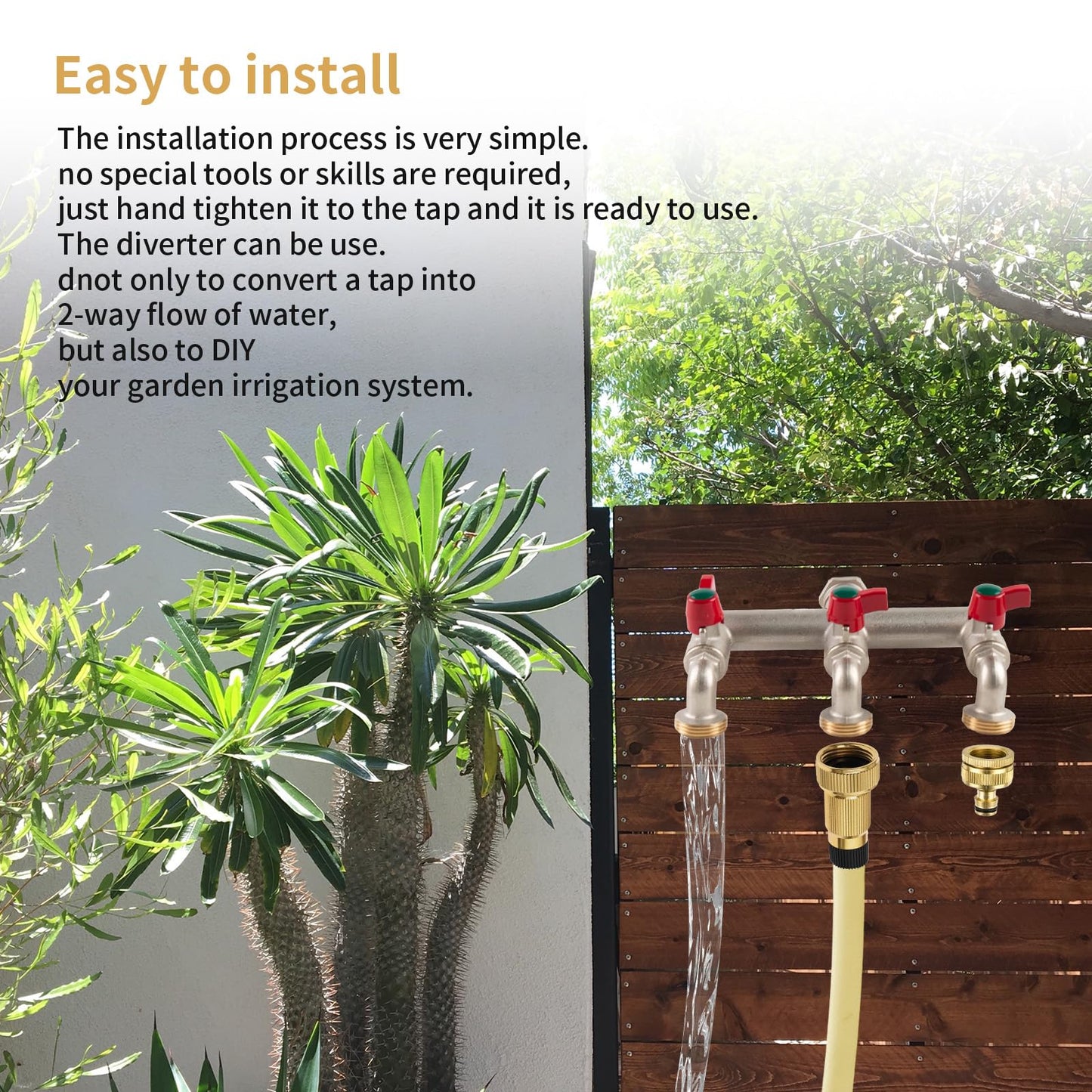 Tesmotor 1/2'' Inch Brass 3-Way Outdoor Water Tap, Garden Tap with Three 3/4" Outlet Tap and Individual On/Off, T Splitter Brass Hose Connector