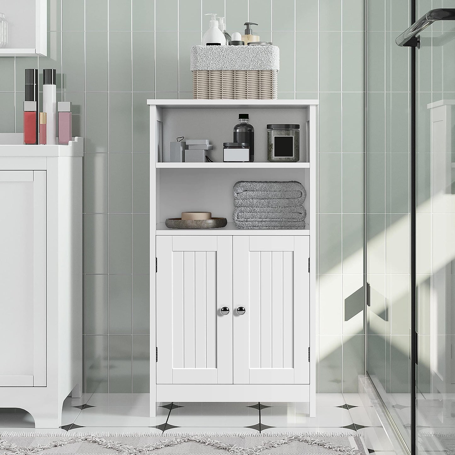 Yaheetech 5-Tier Bathroom Floor Cabinet Double Door Organizer, White