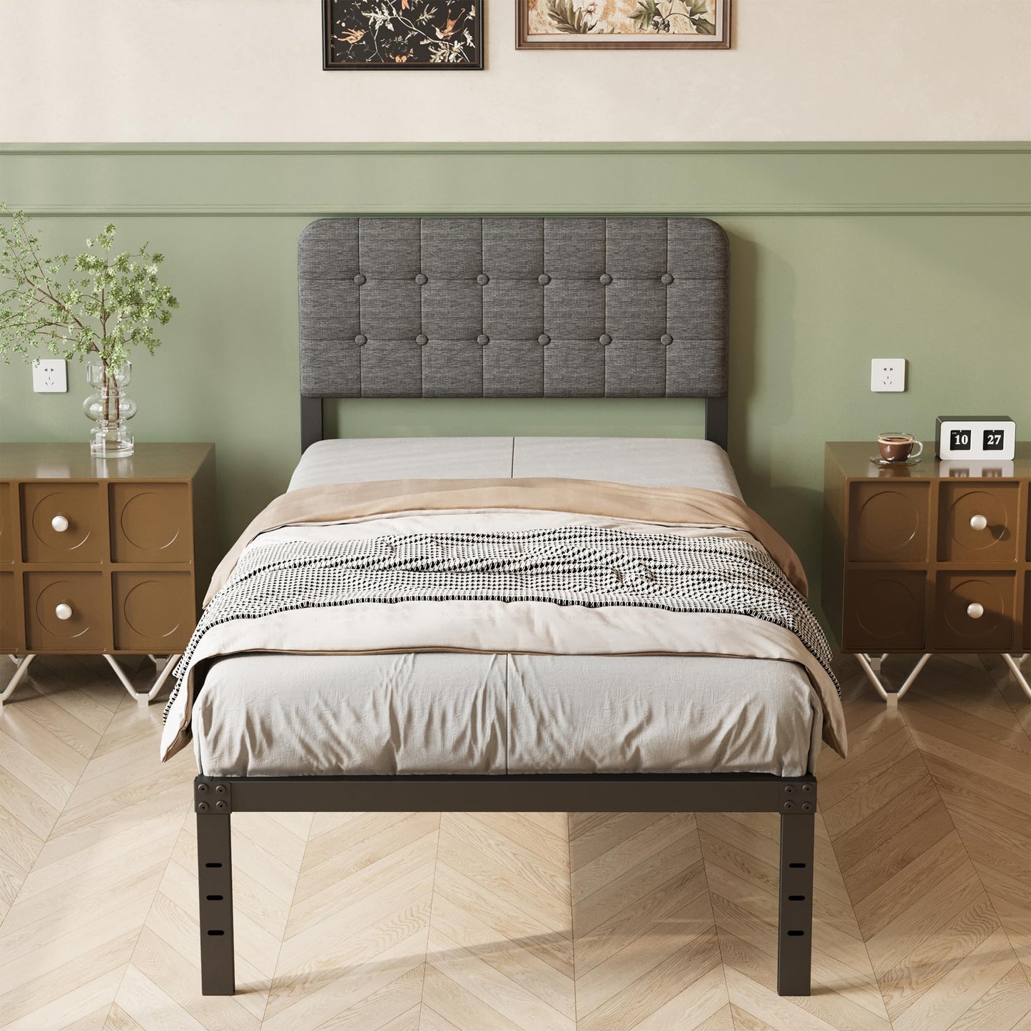Lutown-Teen 2ft 6 Small Single Bed Frame with Grey Upholstered Headboard