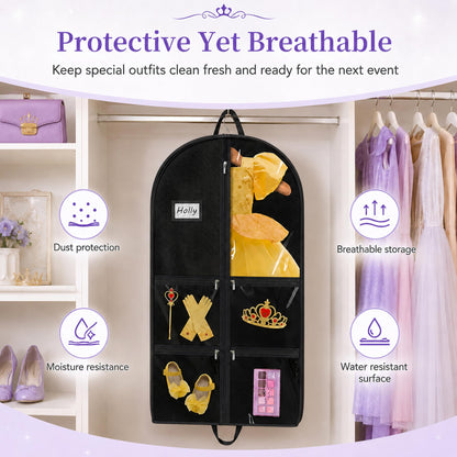 Garment Bags for Costumes & Suits – 2 Pack with 6 Clear Windows & 5 Zippers – Wrinkle-Free Storage for Dance, Travel & Sports Jerseys Black