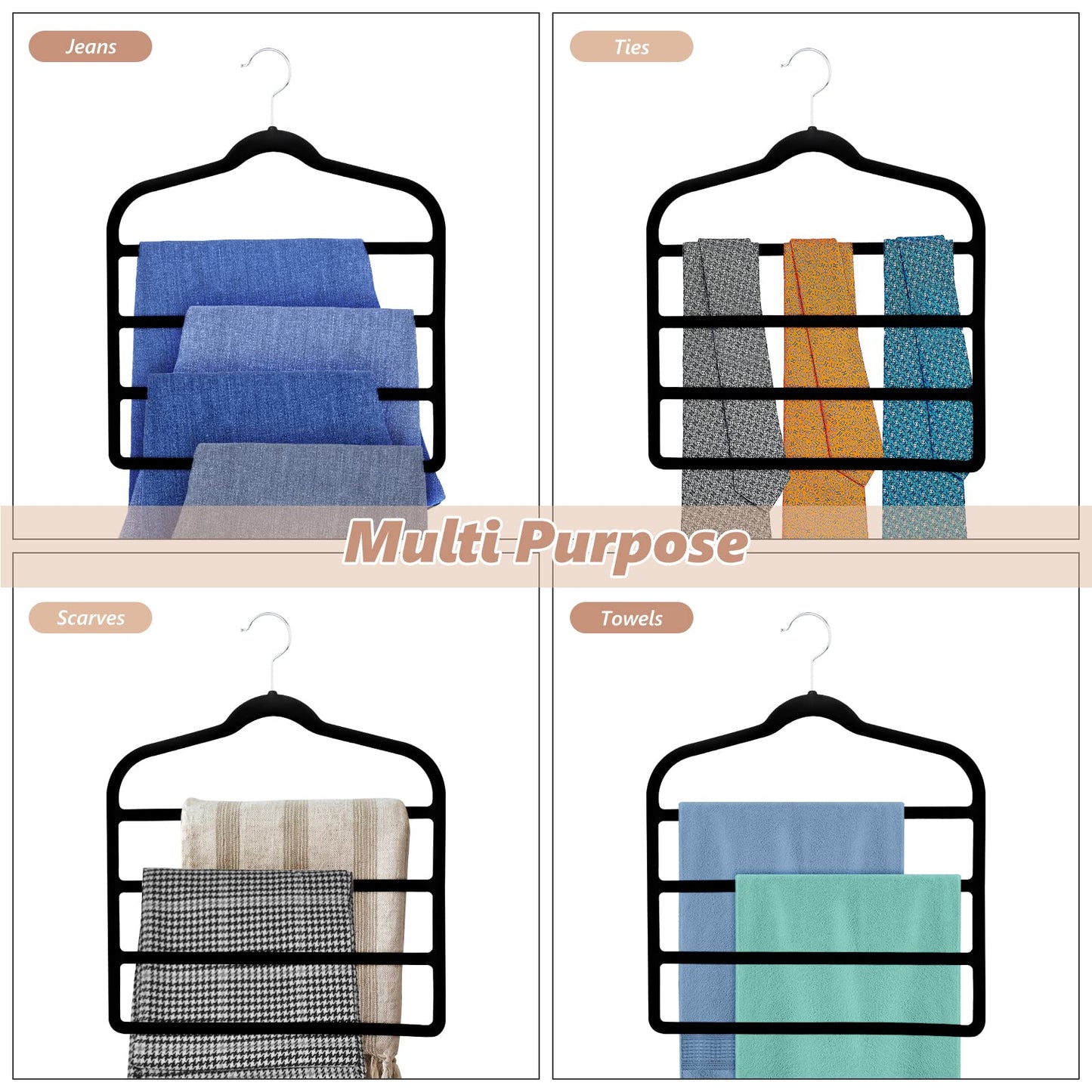 3 Pack Velvet Trouser Hangers - Space Saving, Non Slip for Jeans, Trousers, Leggings, Tie, Scarf and Towel - Multi Layer Pants Hanger for Clothes