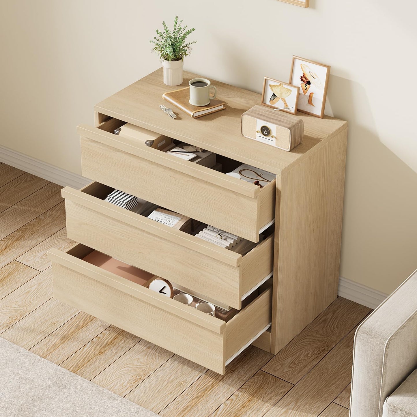 Crevyteg Modern 3-Drawer Storage Cabinet, Wooden Handle Dresser with Smooth Gliding, Sturdy Bedside Table for Bedroom, Living Room, Nursery Entryway