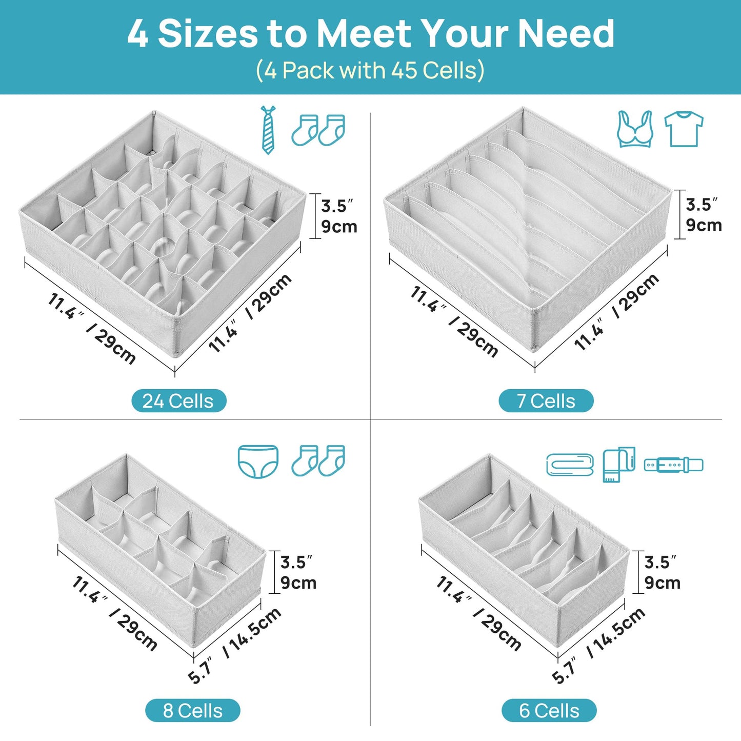 Vtopmart 4 Pack Underwear Drawer Organizers Set, 6+7+8+24 Cells Clothes Drawer Dividers Dresser Organizers Bins for Socks, Bras, Scarves, Ties