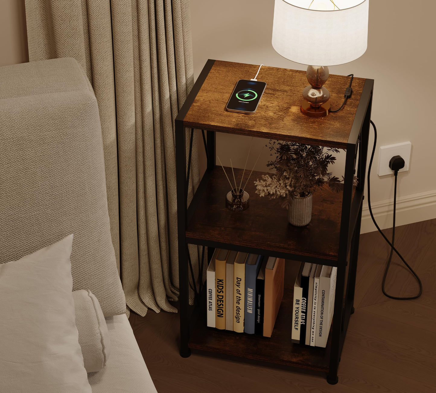 HFHOME Record Player Stand with Charging Station, 3 Tier End Table with Vinyl Record Storage, Record Player Table with Storage
