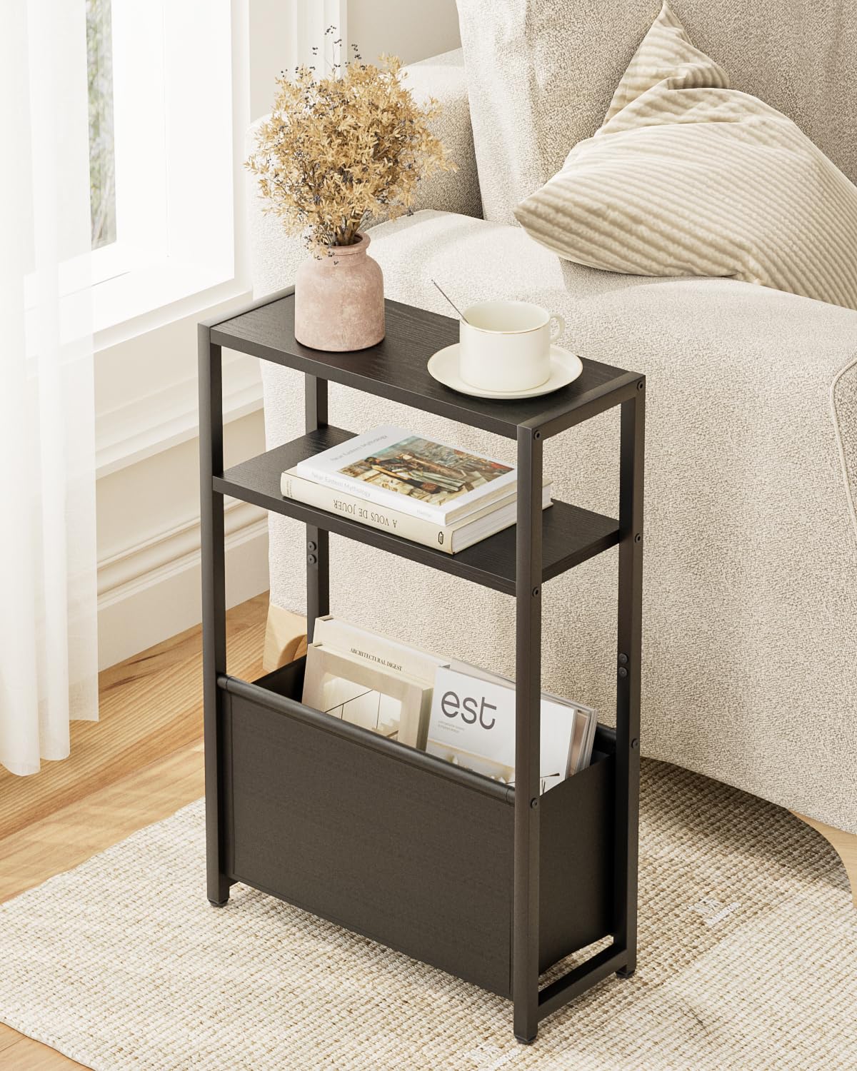 Apetaccat Narrow Side Table for Small Spaces, Small End Table with Storage Basket, Slim Bedside Table for Bedroom