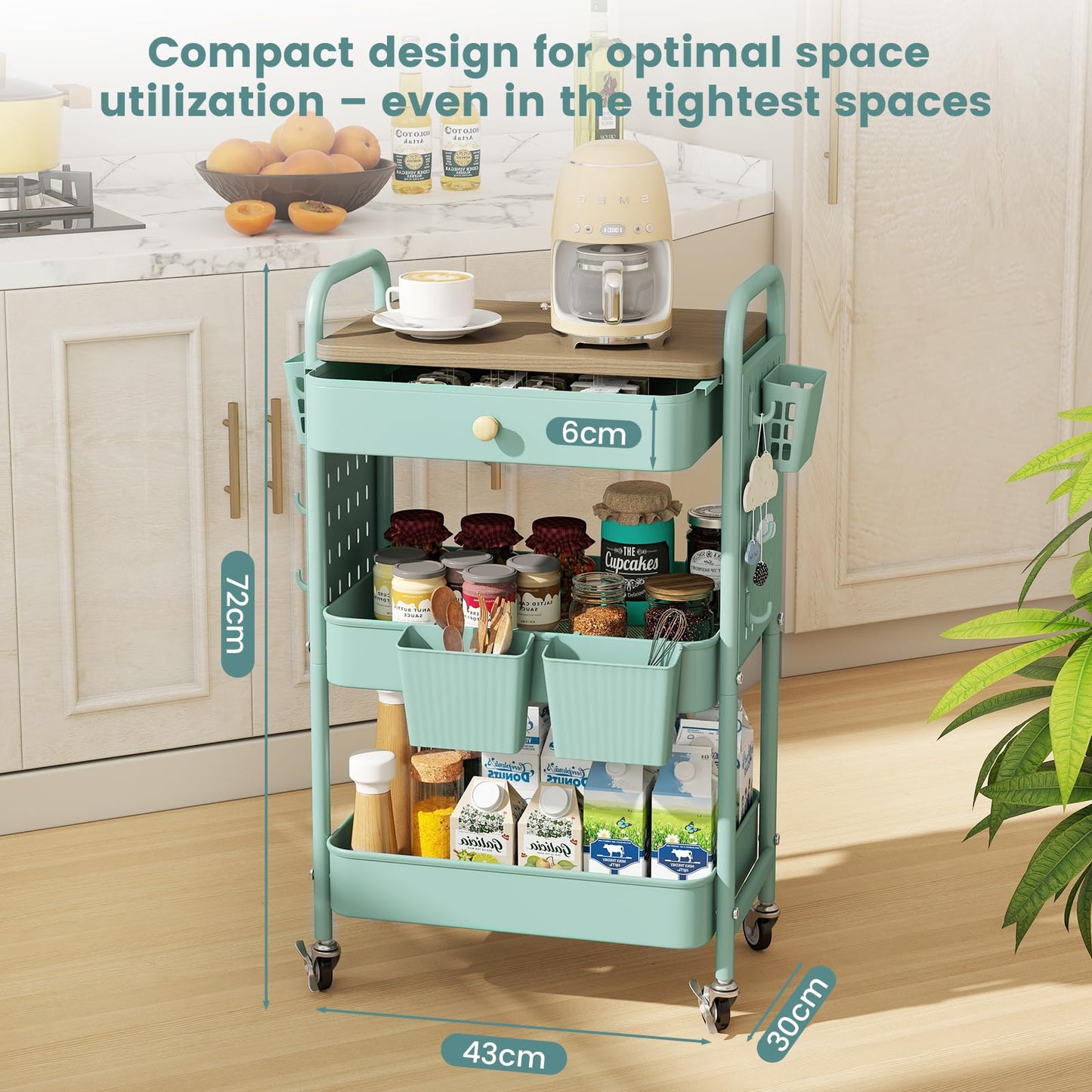 danpinera 3 Tier storage trolley, Metal storage cart with DIY Pegboard & Drawer, storage trolley on wheels with Hooks & Hanging Cups for Living Room