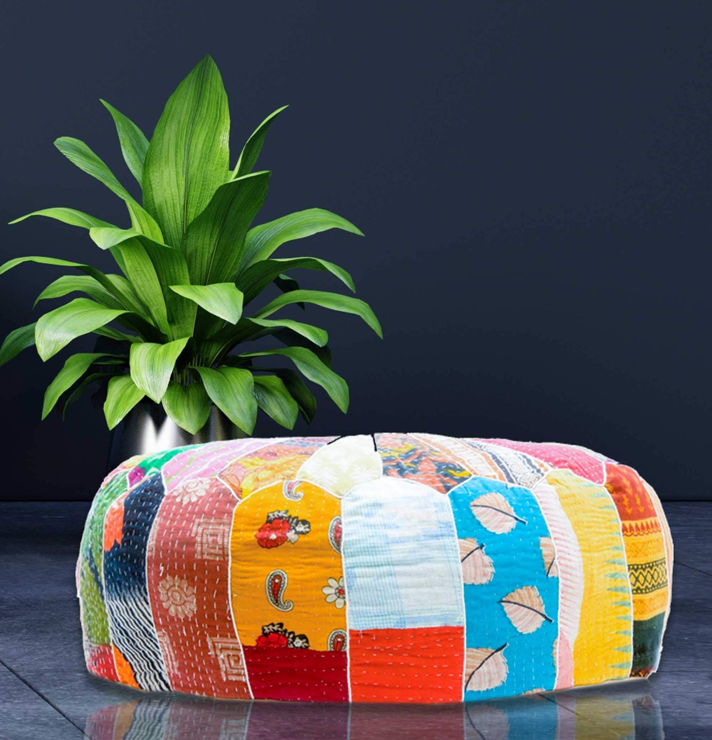Mandala Life ART Green Round Velvet Pouf Cover - Soft Embroidered Ottoman Slipcover with Moroccan Design, 24 Inch Diameter, Ideal for Living Room