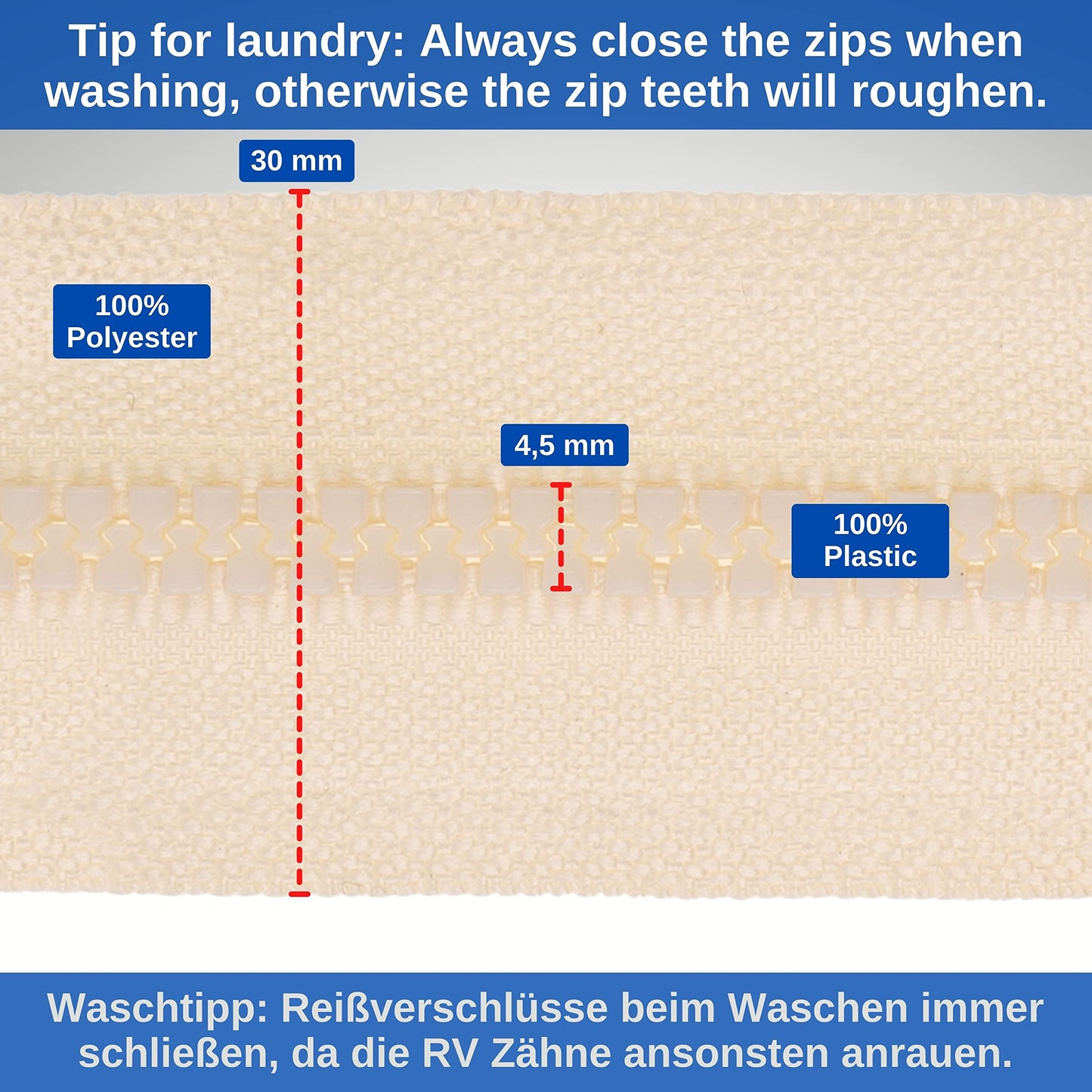 Non-Divisible Zip, 2 Pieces, 45 cm Rail Length, in Beige, #3 Zip Size, 4.5 mm Rail Width, 30 mm Tape Width, Replacement Plastic Zip